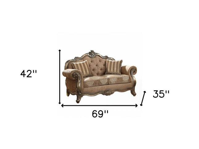 69" Gray And Off White Damask Chesterfield Loveseat and Toss Pillows