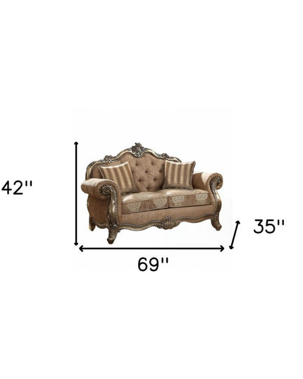 69" Gray And Off White Damask Chesterfield Loveseat and Toss Pillows