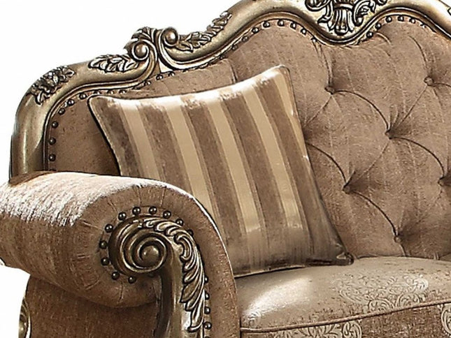 69" Gray And Off White Damask Chesterfield Loveseat and Toss Pillows