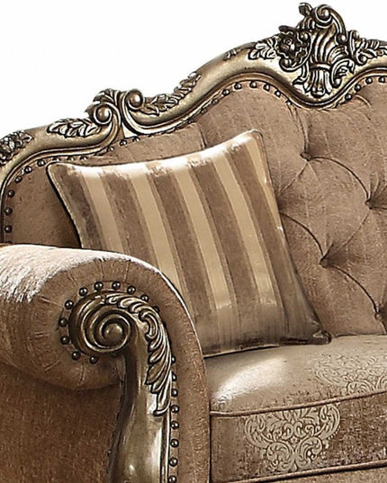 69" Gray And Off White Damask Chesterfield Loveseat and Toss Pillows