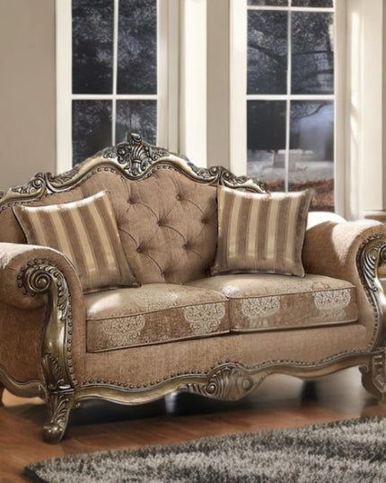 69" Gray And Off White Damask Chesterfield Loveseat and Toss Pillows