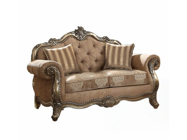 69" Gray And Off White Damask Chesterfield Loveseat and Toss Pillows