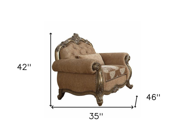 35" Gray and Antiqued White Fabric Floral Tufted Chesterfield Chair And Toss Pillow