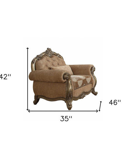 35" Gray and Antiqued White Fabric Floral Tufted Chesterfield Chair And Toss Pillow