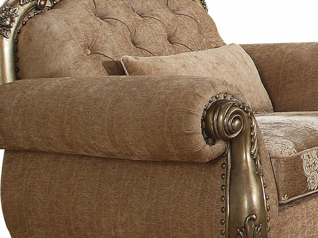 35" Gray and Antiqued White Fabric Floral Tufted Chesterfield Chair And Toss Pillow