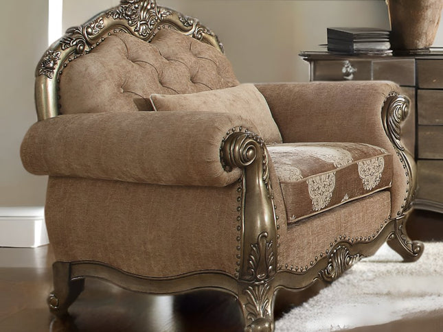 35" Gray and Antiqued White Fabric Floral Tufted Chesterfield Chair And Toss Pillow