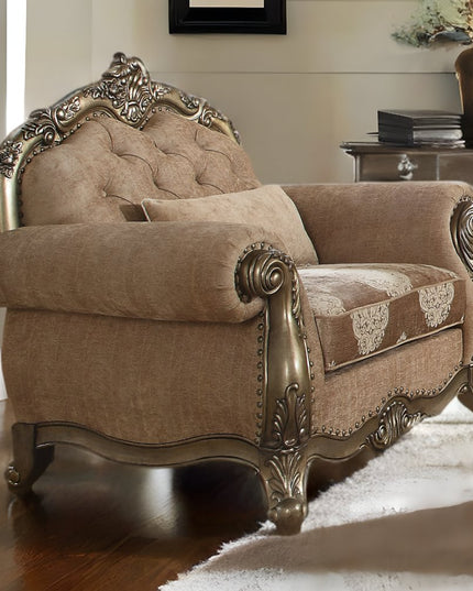 35" Gray and Antiqued White Fabric Floral Tufted Chesterfield Chair And Toss Pillow