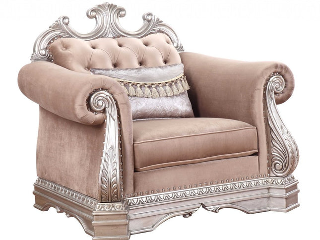 42" Cherry Blossom Pink and Silver Velvet Tufted Arm Chair And Toss Pillow
