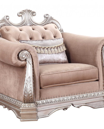 42" Cherry Blossom Pink and Silver Velvet Tufted Arm Chair And Toss Pillow