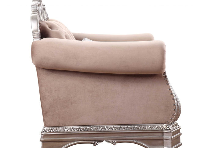 42" Cherry Blossom Pink and Silver Velvet Tufted Arm Chair And Toss Pillow