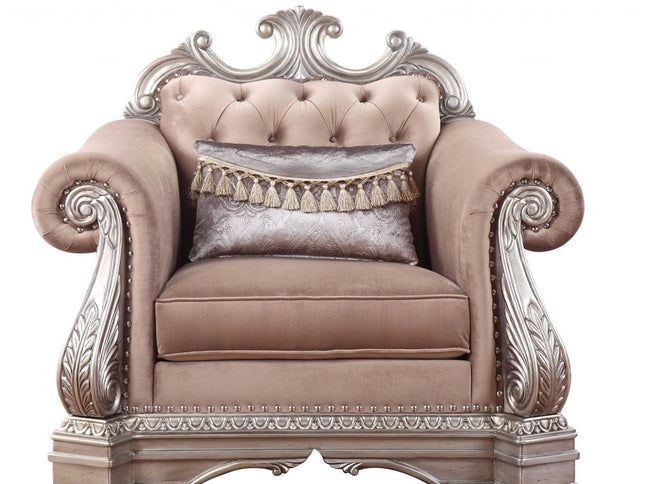 42" Cherry Blossom Pink and Silver Velvet Tufted Arm Chair And Toss Pillow