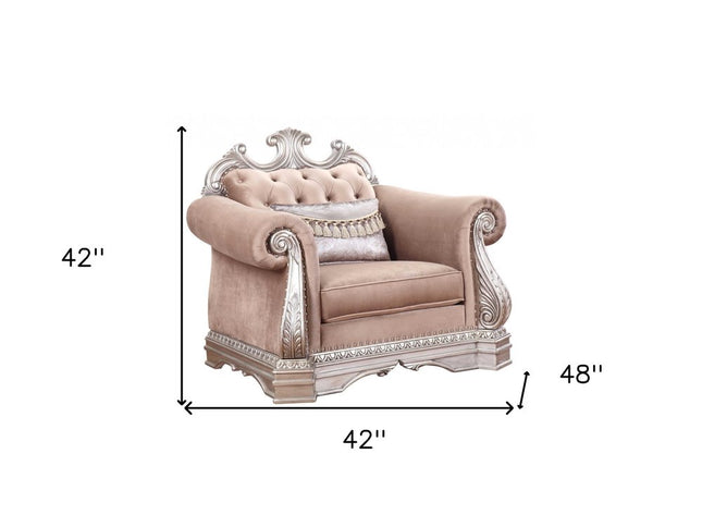 42" Cherry Blossom Pink and Silver Velvet Tufted Arm Chair And Toss Pillow