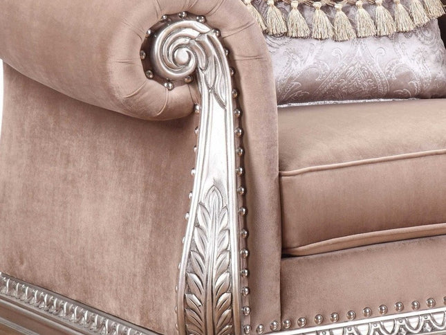 42" Cherry Blossom Pink and Silver Velvet Tufted Arm Chair And Toss Pillow