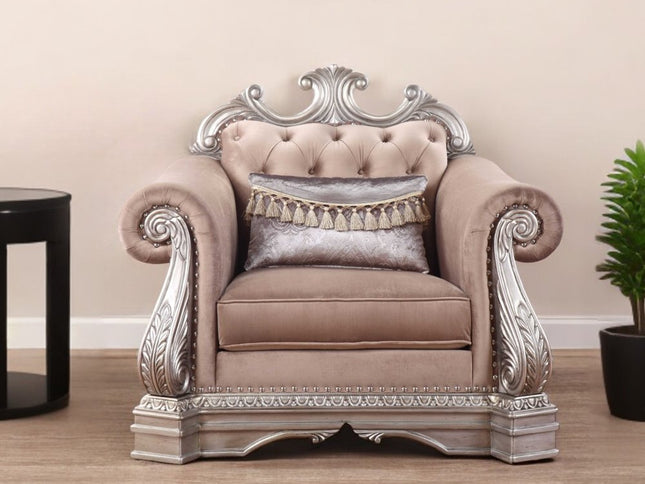 42" Cherry Blossom Pink and Silver Velvet Tufted Arm Chair And Toss Pillow