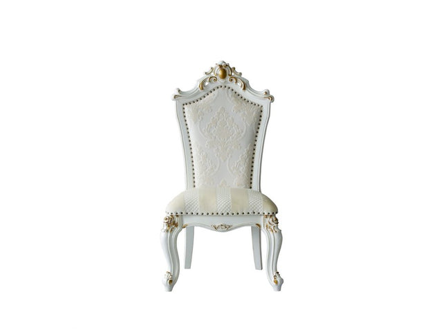 Set of Two 27" Beige and White Faux Leather Damask Side Chair