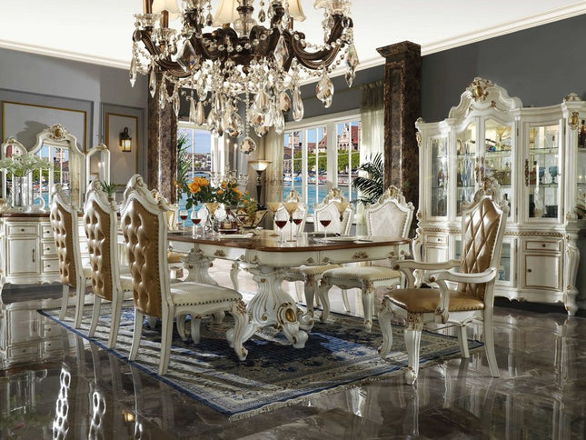 Set of Two 27" Beige and White Faux Leather Damask Side Chair