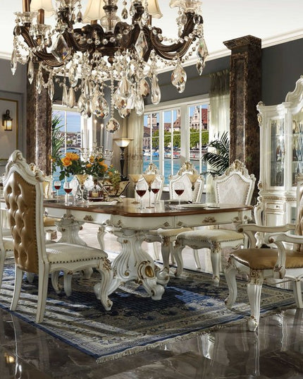 Set of Two 27" Beige and White Faux Leather Damask Side Chair