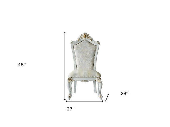 Set of Two 27" Beige and White Faux Leather Damask Side Chair