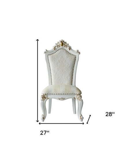Set of Two 27" Beige and White Faux Leather Damask Side Chair