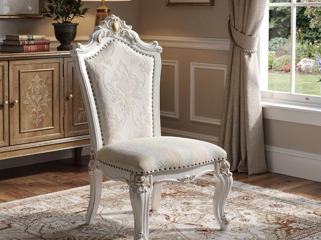 Set of Two 27" Beige and White Faux Leather Damask Side Chair