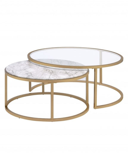 Set of Two Clear White and Gold Glass And Faux Marble And Iron Round Frame Nested Coffee Tables
