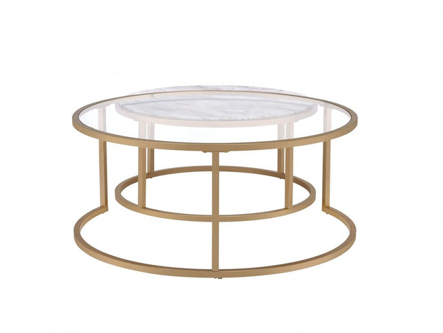 Set of Two Clear White and Gold Glass And Faux Marble And Iron Round Frame Nested Coffee Tables