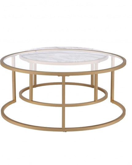 Set of Two Clear White and Gold Glass And Faux Marble And Iron Round Frame Nested Coffee Tables