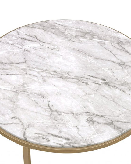 Set of Two Clear White and Gold Glass And Faux Marble And Iron Round Frame Nested Coffee Tables