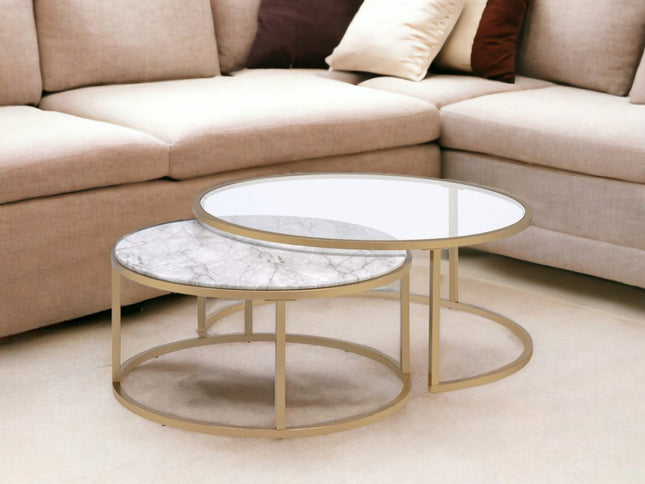 Set of Two Clear White and Gold Glass And Faux Marble And Iron Round Frame Nested Coffee Tables