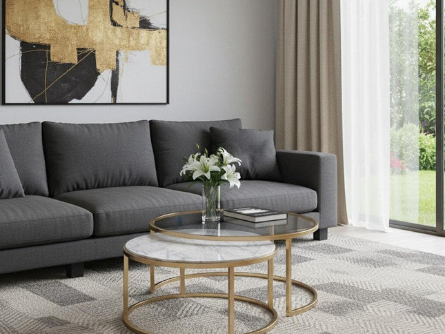 Set of Two Clear White and Gold Glass And Faux Marble And Iron Round Frame Nested Coffee Tables