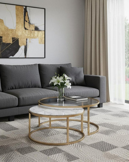 Set of Two Clear White and Gold Glass And Faux Marble And Iron Round Frame Nested Coffee Tables