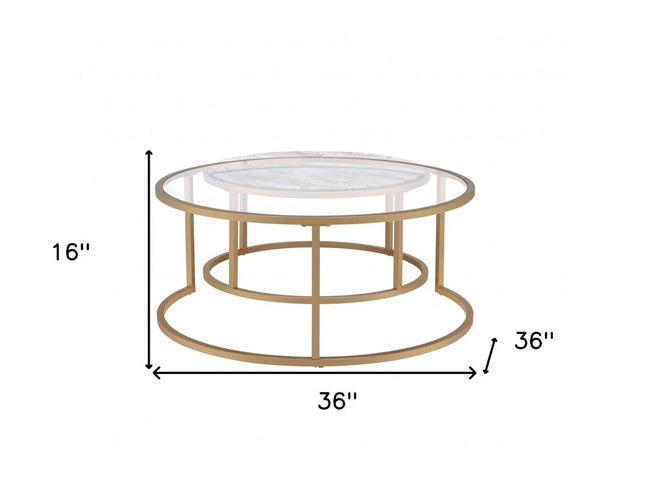 Set of Two Clear White and Gold Glass And Faux Marble And Iron Round Frame Nested Coffee Tables