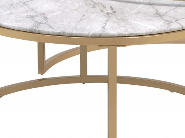 Set of Two Clear White and Gold Glass And Faux Marble And Iron Round Frame Nested Coffee Tables