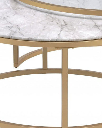 Set of Two Clear White and Gold Glass And Faux Marble And Iron Round Frame Nested Coffee Tables