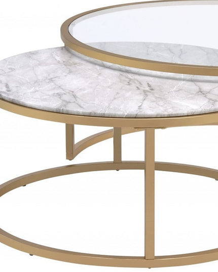 Set of Two Clear White and Gold Glass And Faux Marble And Iron Round Frame Nested Coffee Tables