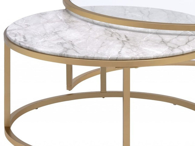 Set of Two Clear White and Gold Glass And Faux Marble And Iron Round Frame Nested Coffee Tables