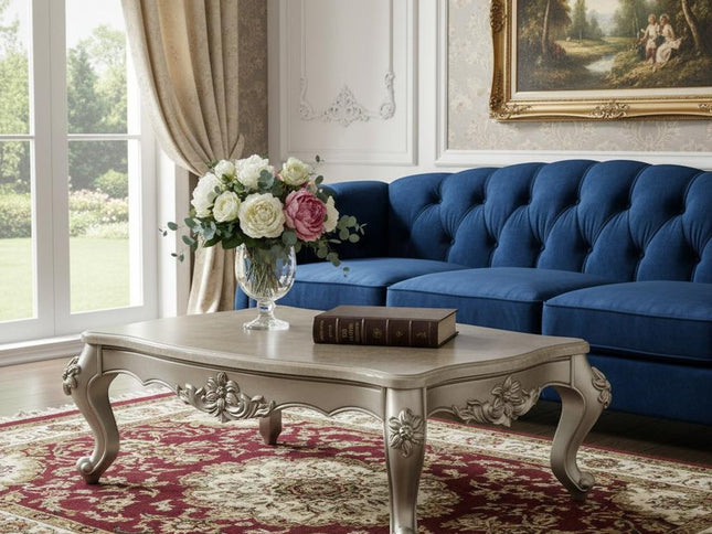 57" Beige Genuine Marble And Solid Wood Coffee Table