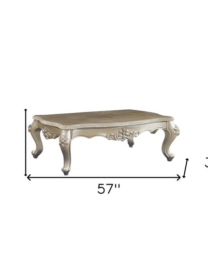 57" Beige Genuine Marble And Solid Wood Coffee Table