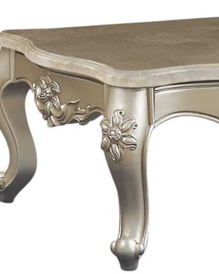 57" Beige Genuine Marble And Solid Wood Coffee Table