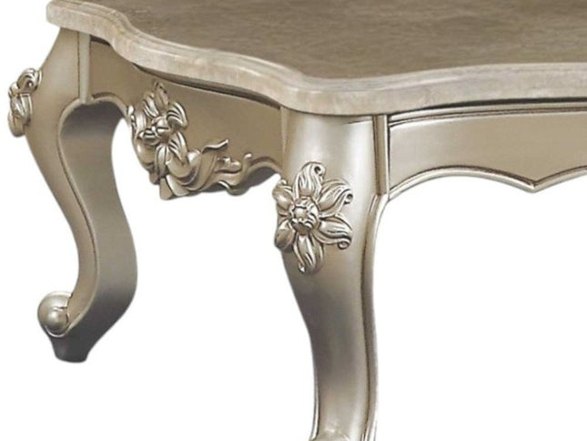 57" Beige Genuine Marble And Solid Wood Coffee Table