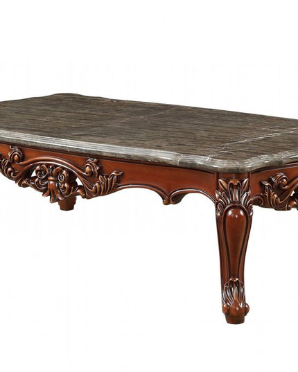 36" Gray and Brown Genuine Marble And Solid Wood Coffee Table