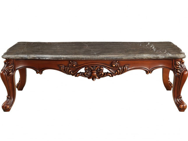 36" Gray and Brown Genuine Marble And Solid Wood Coffee Table