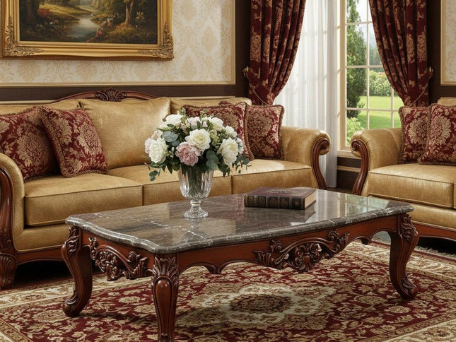 36" Gray and Brown Genuine Marble And Solid Wood Coffee Table