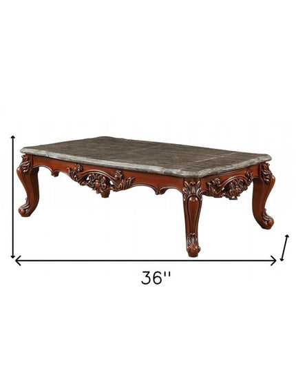 36" Gray and Brown Genuine Marble And Solid Wood Coffee Table