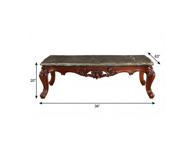 36" Gray and Brown Genuine Marble And Solid Wood Coffee Table