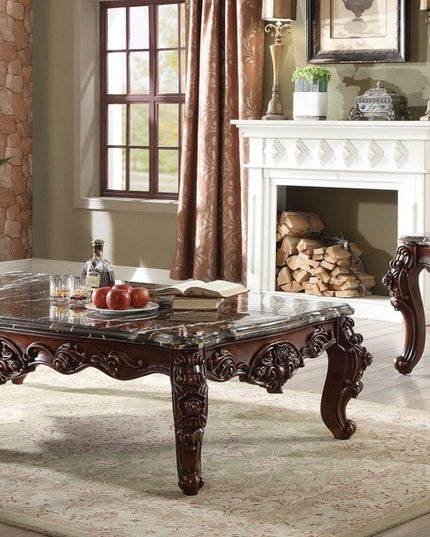 36" Gray and Brown Genuine Marble And Solid Wood Coffee Table