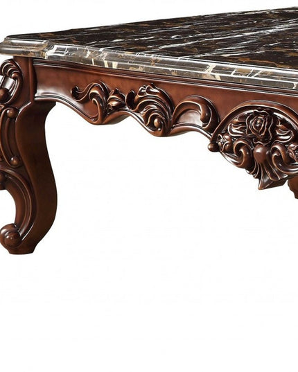 36" Gray and Brown Genuine Marble And Solid Wood Coffee Table