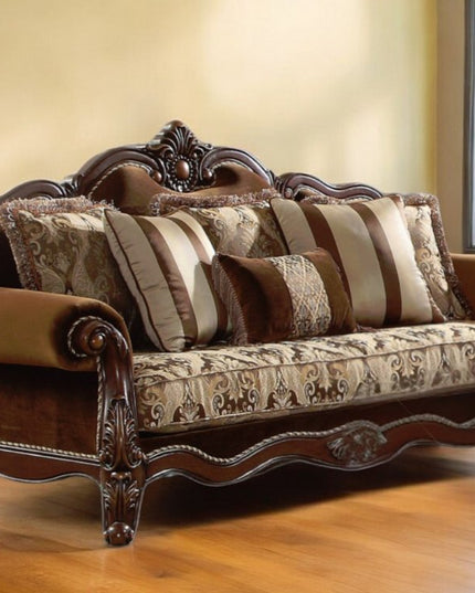 37" Oak Velvet Floral Sofa And Toss Pillows With Espresso Legs