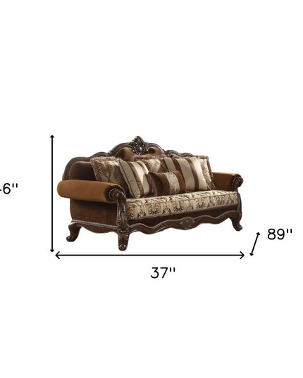 37" Oak Velvet Floral Sofa And Toss Pillows With Espresso Legs