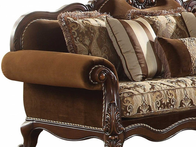 37" Oak Velvet Floral Sofa And Toss Pillows With Espresso Legs